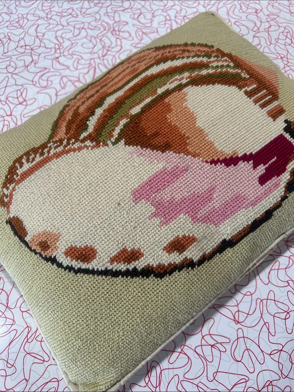 Coastal Needlepoint Seashell Throw Pillow in Beige, Pink & Brown